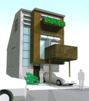 狭小住宅 間取りプラン例:15坪の変形敷地に建つ、螺旋階段のある木造3階建て住宅。