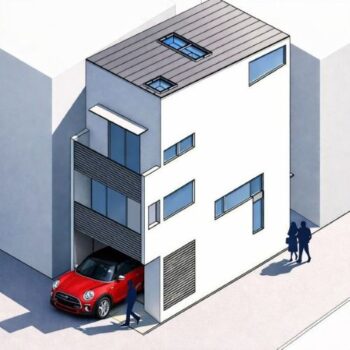 狭小住宅 間取りプラン例：９.９坪の敷地を隅々まで使う木造３階建て住宅。