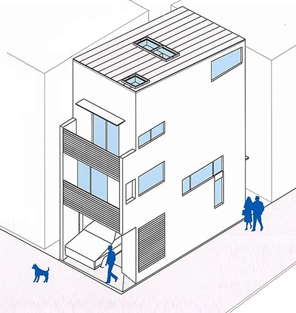 狭小住宅 間取りプラン例：９.９坪の敷地を隅々まで使う木造３階建て住宅。