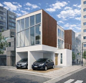 狭小住宅 間取りプラン例：１５坪の敷地に建つ、デッキテラスのある３階建て住宅。