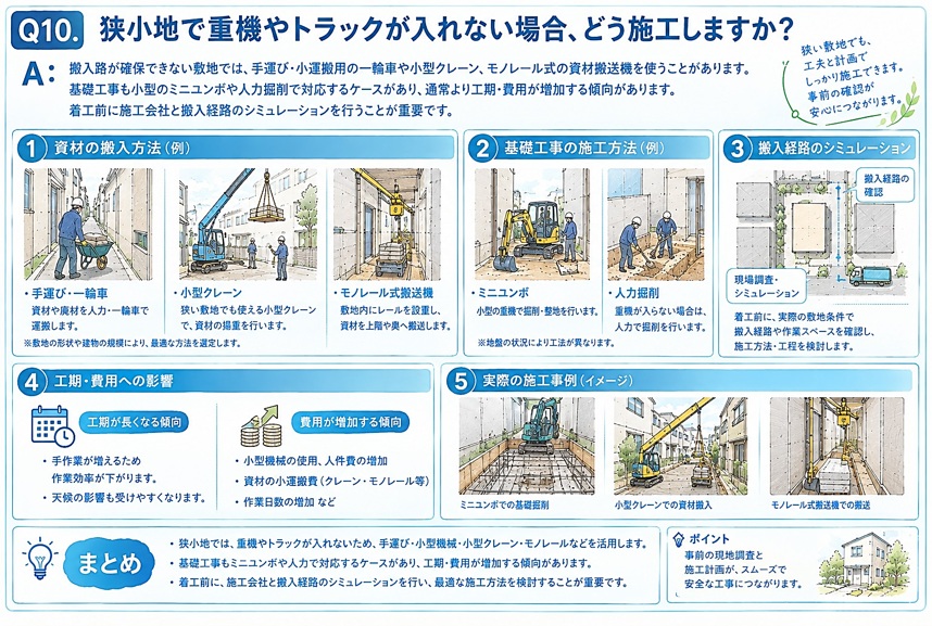 A：搬入路が確保できない敷地では、手運び・小運搬用の一輪車や小型クレーン、モノレール式の資材搬送機を使うことがあります。基礎工事も小型のミニユンボや人力掘削で対応するケースがあり、通常より工期・費用が増加する傾向があります。着工前に施工会社と搬入経路のシミュレーションを行うことが重要です。