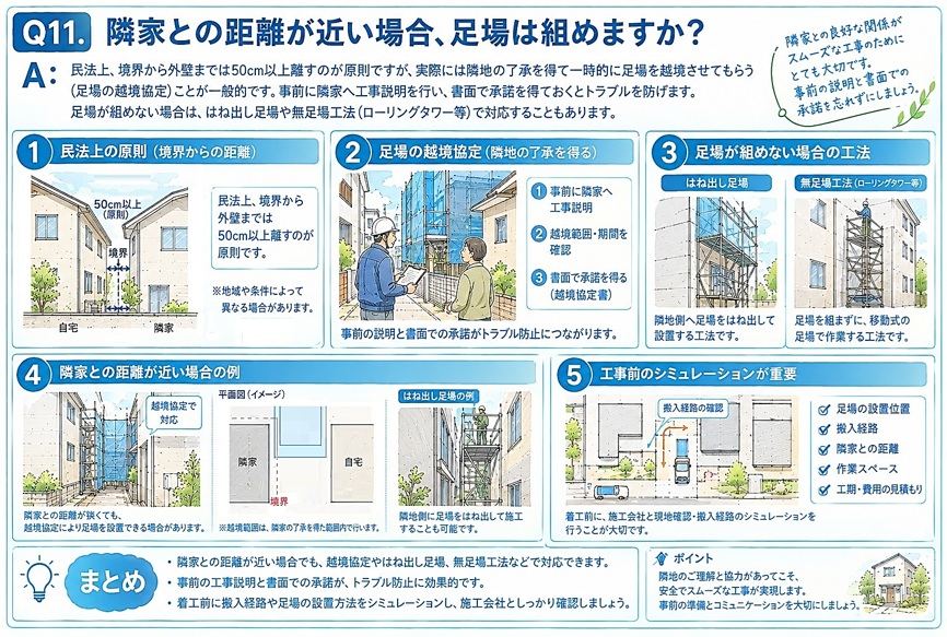 A：民法上、境界から外壁までは50cm以上離すのが原則ですが、実際には隣地の了承を得て一時的に足場を越境させてもらう(足場の越境協定)ことが一般的です。事前に隣家へ工事説明を行い、書面で承諾を得ておげます。足場が組めない場合は、はね出し足場や無足場工法(ローリングタワー等)で対応することもあります。