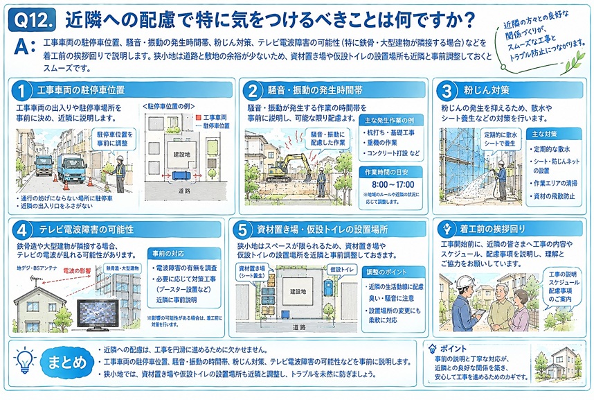 A：工事車両の駐停車位置、騒音・振動の発生時間帯、粉じん対策、テレビ電波障害の可能性(特に鉄骨・大型建物が隣接する場合)などを着工前の挨拶回りで説明します。狭小地は道路と敷地の余裕が少ないため、資材置き場や仮設トイレの設置場所も近隣と事前調整しておくとスムーズです。