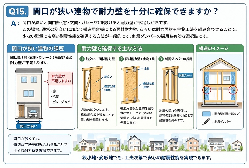 A：間口が狭いと開口部(窓・玄関・ガレージ)を設けると耐力壁が不足しがちです。この場合、通常の筋交いに加えて構造用合板による面材耐力壁、あるいは耐力面材+金物工法を組み合わせることで、少ない壁量でも高い耐震性能を確保する方法が一般的です。制震ダンパーの採用も有効な選択肢です。