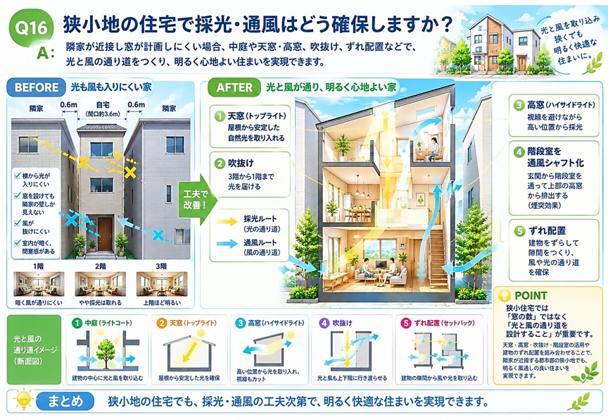 A：隣家が近接し窓が計画しにくい場合、中庭や天窓・高窓、吹抜け、ずれ配置などで、光と風の通り道をつくり、明るく心地よい住まいを実現できます。