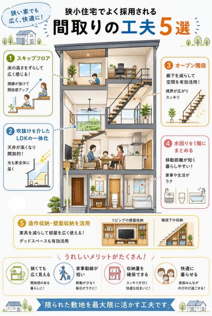 A：狭小住宅では、半階ずつ床をずらす「スキップフロア」で狭さを感じさせず、吹抜けで「ＬＤＫを一体化」して開放感を生み出す工夫がよく用いられます。また、廊下を減らす「オープン階段」や「水回りを1階に」まとめた動線計画で暮らしやすさを高め、造作・壁面収納で家具を置かないすっきりとした空間づくりも多く採用されています。