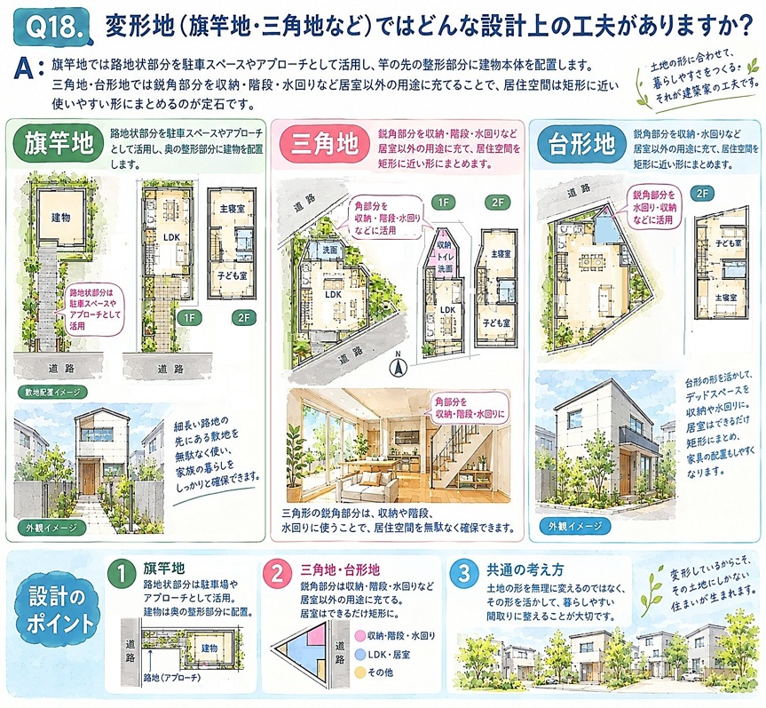 A：旗竿地では路地状部分を駐車スペースやアプローチとして活用し、竿の先の整形部分に建物本体を配置します。三角地・台形地では鋭角部分を収納・階段・水回りなど居室以外の用途に充てることで、居住空間は矩形に近い使いやすい形にまとめるのが定石です。