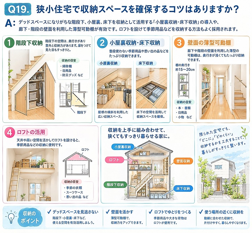 A：デッドスペースになりがちな階段下、小屋裏、床下を収納として活用する「小屋裏収納・床下収納」の導入や、廊下・階段の壁面を利用した薄型可動棚が有効です。ロフトを設けて季節用品などを収納する方法もよく採用されます。