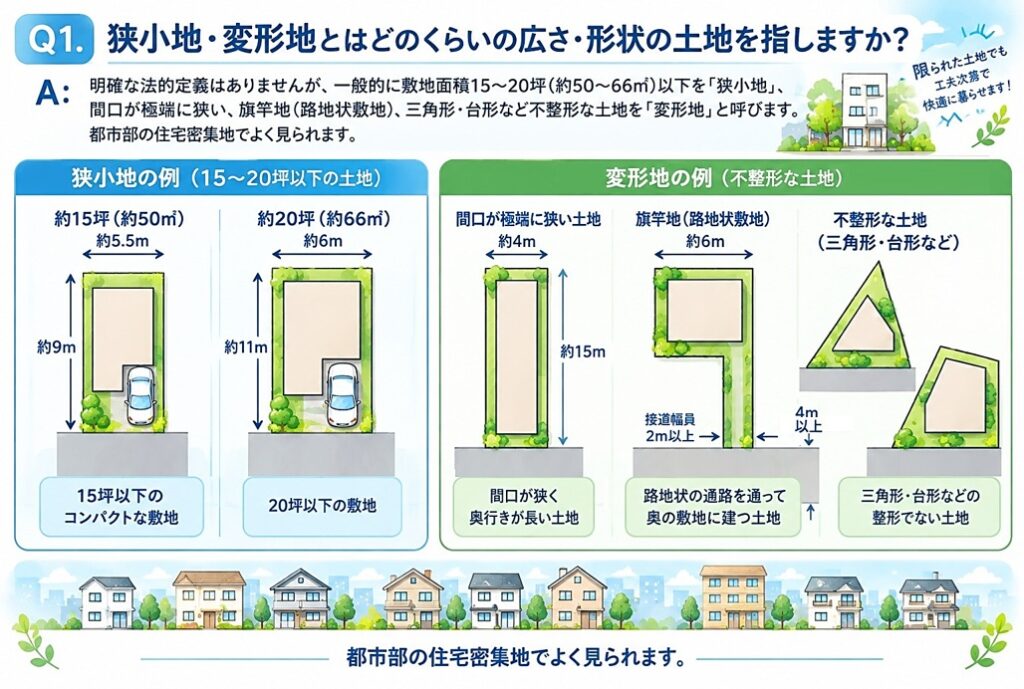【A】明確な法的定義はありませんが、一般的に敷地面積15〜20坪(約50〜66㎡) 以下を「狭小地」、間口が極端に狭い、旗竿地(路地状敷地)、三角形・台形など 不整形な土地を「変形地」と呼びます。都市部の住宅密集地でよく見られます。