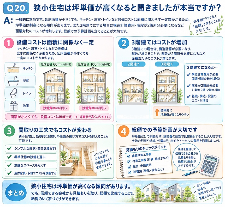 A：一般的に本当です。延床面積が小さくても、キッチン・浴室・トイレなど設備コストは面積に関わらず一定額かかるため、坪単価は割高になる傾向があります。また3階建てにする場合は構造計算費用・階段が2箇所分必要になるなど面積対比 のコストが増加します。総額での予算計画を立てることが大切です。