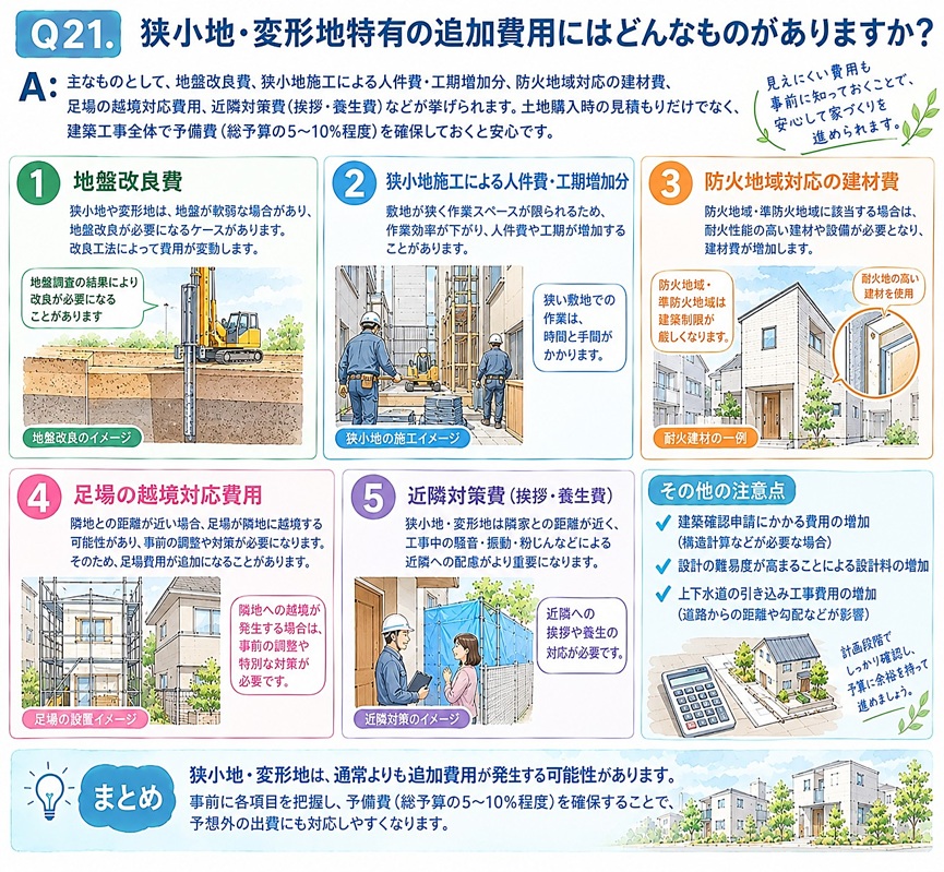 A：主なものとして、地盤改良費、狭小地施工による人件費・工期増加分、防火地域対応の建材費、足場の越境対応費用、近隣対策費(挨拶・養生費)などが挙げられます。土地購入時の見積もりだけでなく、建築工事全体で予備費(総予算の5〜10%程度)を確保しておくと安心です。