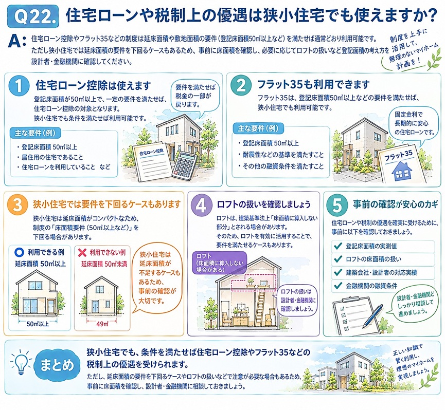A：住宅ローン控除やフラット35などの制度は延床面積や敷地面積の要件(登記床面積50㎡以上など)を満たせば通常どおり利用可能です。ただし狭小住宅では延床面積の要件を下回るケースもあるため、事前に床面積を確認し、必要に応じてロフトの扱いなど登記面積の考え方を設計者・金融機関に確認してください。