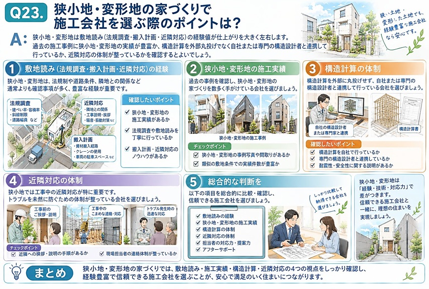 A：狭小地・変形地は敷地読み(法規調査・搬入計画・近隣対応)の経験値が仕上がりを大きく左右します。過去の施工事例に狭小地・変形地の実績が豊富か、構造計算を外部丸投げでなく自社または専門の構造設計者と連携して行っているか、近隣対応の体制が整っているかを確認するとよいでしょう。
