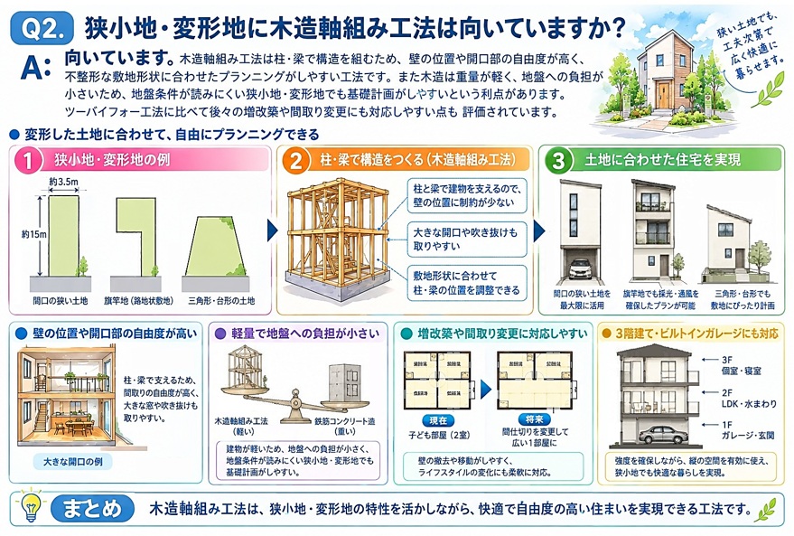 【A】向いています。木造軸組み工法は柱・梁で構造を組むため、壁の位置や開口部 　の自由度が高く、不整形な敷地形状に合わせたプランニングがしやすい工法です。また木造は重量が軽く、地盤への負担が小さいため、地盤条件が読みにくい狭小 地・変形地でも基礎計画がしやすいという利点があります。ツーバイフォー工法 　に比べて後々の増改築や間取り変更にも対応しやすい点も評価されています。