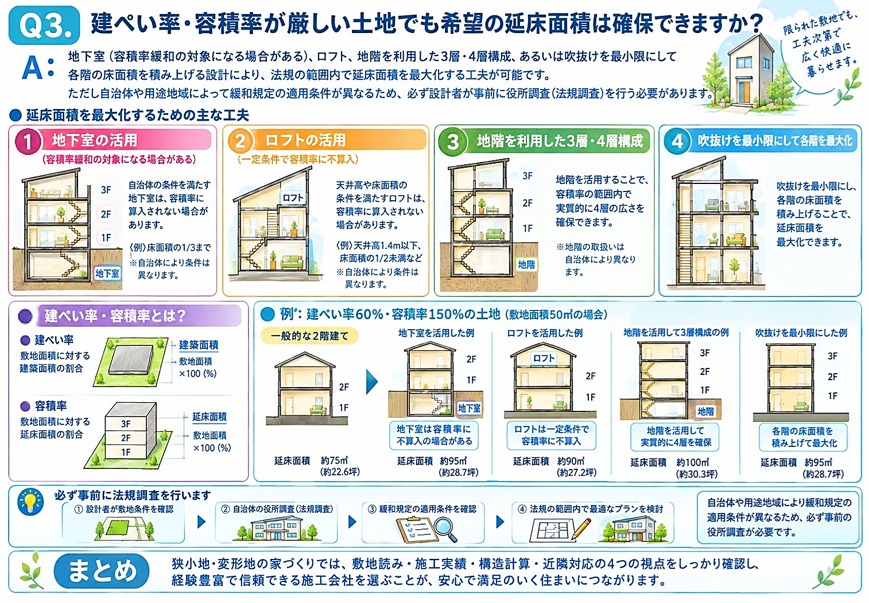 A】地下室(容積率緩和の対象になる場合がある)、ロフト、地階を利用した3層・4層構成、あるいは吹抜けを最小限にして各階の床面積を積み上げる設計により、法規の範囲内で延床面積を最大化する工夫が可能です。ただし自治体や用途地域によって緩和規定の適用条件が異なるため、必ず設計者が事前に役所調査(法規調査)を行う必要があります。