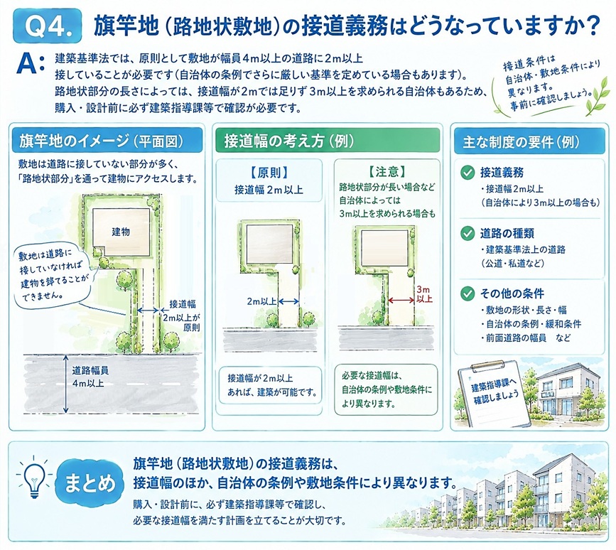 【A】建築基準法では、原則として敷地が幅員4m以上の道路に2m以上接していることが必要です(自治体の条例でさらに厳しい基準を定めている場合もあります)。路地状部分の長さによっては、接道幅が2mでは足りず3m以上を求められる自治体もあるため、購入・設計前に必ず建築指導課等で確認が必要です。