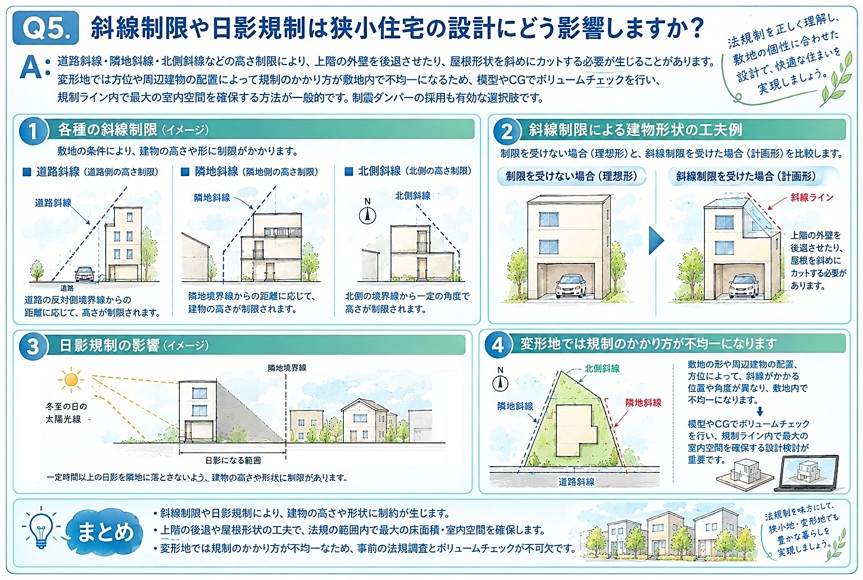 【A】道路斜線・隣地斜線・北側斜線などの高さ制限により、上階の外壁を後退させたり、屋根形状を斜めにカットする必要が生じることがあります。変形地では方位や周辺建物の配置によって規制のかかり方が敷地内で不均一になるため、模型やCGでボリュームチェックを行い、規制ライン内で最大の室内空間を確保する設計検討が重要です。