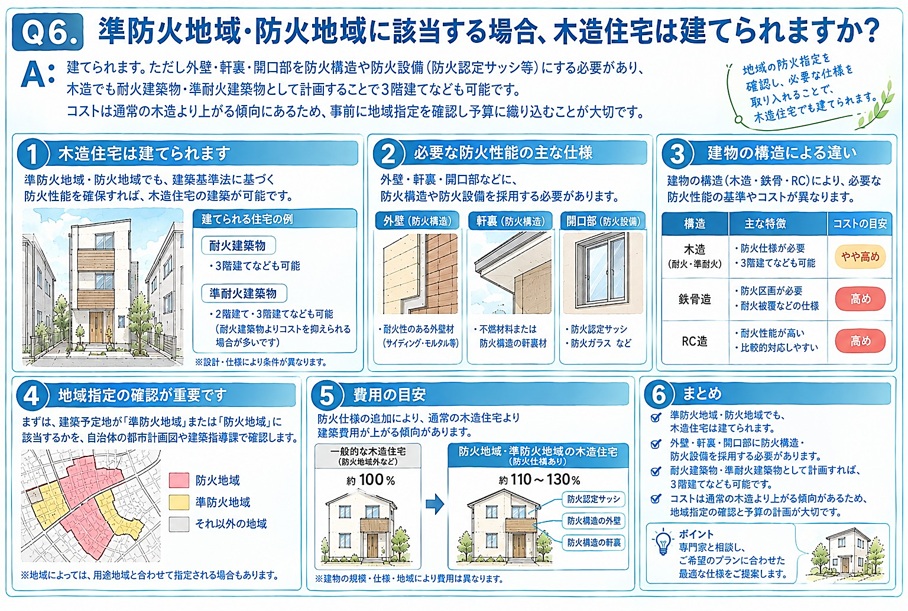 【A】建てられます。ただし外壁・軒裏・開口部を防火構造や防火設備(防火認定サッシ等)にする必要があり、木造でも耐火建築物・準耐火建築物として計画することで3階建てなども可能です。コストは通常の木造より上がる傾向にあるため、事前に地域指定を確認し予算に織り込むことが大切です。