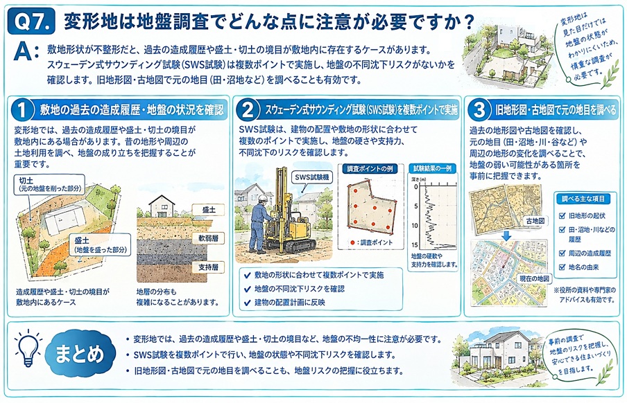 【A】敷地形状が不整形だと、過去の造成履歴や盛土・切土の境目が敷地内に存在するケースがあります。スウェーデン式サウンディング試験(SWS試験)は複数ポイントで実施し、地盤の不同沈下リスクがないかを確認します。旧地形図・古地図で元の地目(田・沼地など)を調べることも有効です。