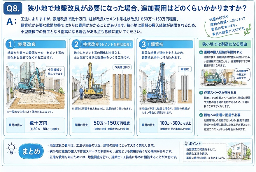 【A】工法によりますが、表層改良で数十万円、柱状改良(セメント系柱状改良)で50万〜150万円程度、鋼管杭が必要な軟弱地盤ではさらに費用がかかることがあります。狭小地は重機の搬入経路が制限されるため、小型機械での施工となり割高になる場合がある点も念頭に置いてください。