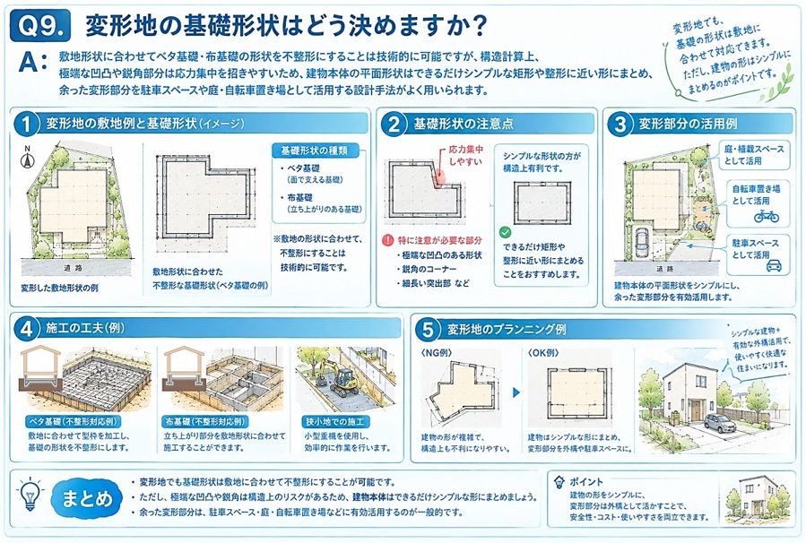 A：敷地形状に合わせてベタ基礎・布基礎の形状を不整形にすることは技術的に可能ですが、構造計算上、極端な凹凸や鋭角部分は応力集中を招きやすいため、建物本体の平面形状はできるだけシンプルな矩形や整形に近い形にまとめ、余った変形部分を駐車スペースや庭・自転車置き場として活用する設計手法がよく用いられます。