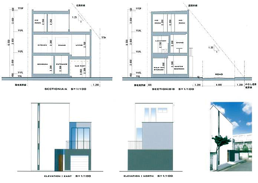 狭小住宅 間取り プラン １８坪 角地に建つキュービックな木造３階建て住宅 東京の狭小住宅の間取り 3階建て T W