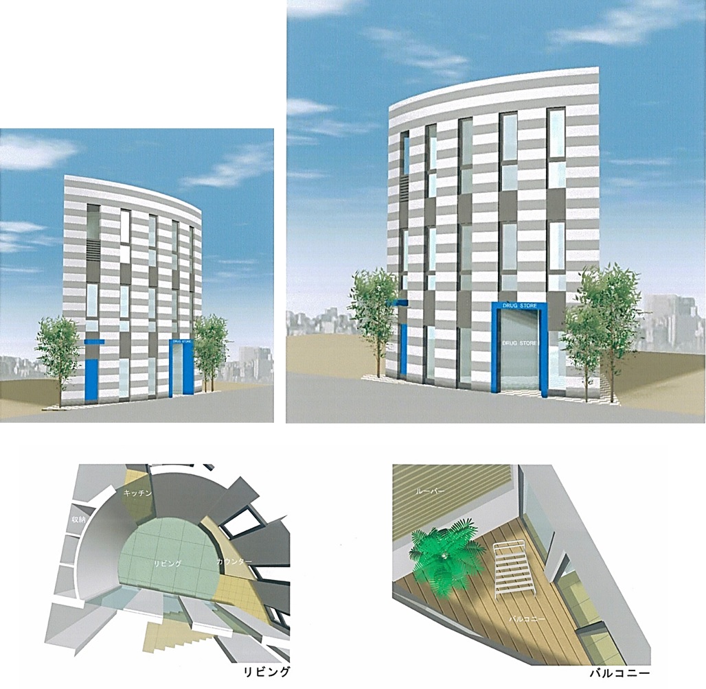 狭小住宅 間取り プラン：１１坪・三角地に建つ店舗併用３階建て住宅。