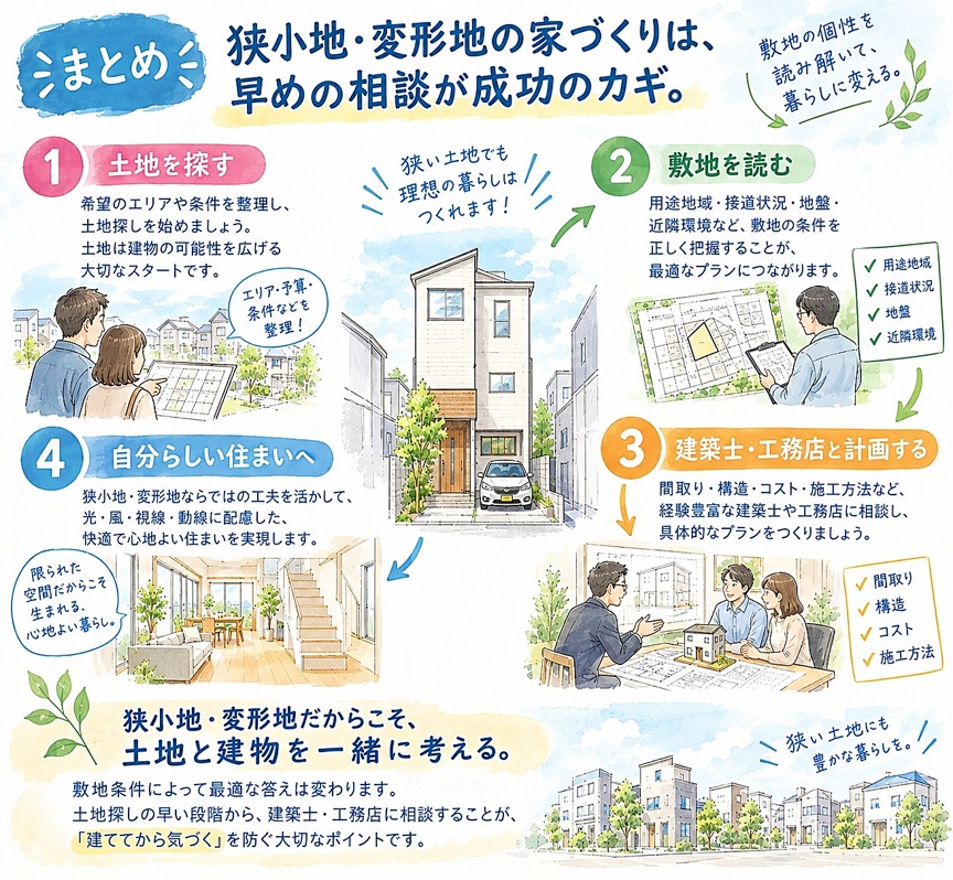 以上、狭小地・変形地における木造軸組み工法の住宅づくりでよくある疑問をQ&A形式でまとめました。実際の計画では敷地条件(用途地域・接道状況・地盤・近隣環境)によって最適解が異なるため、早い段階で土地探しと並行して建築士・工務店に相談することをおすすめします。