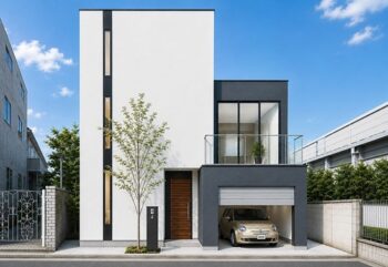 狭小住宅 間取りプラン例：１８坪の狭小角地に建つ、キュービックな木造３階建て住宅。