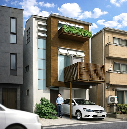 狭小住宅 間取りプラン例：１５坪の変形敷地に建つ、螺旋階段のある木造３階建て住宅。