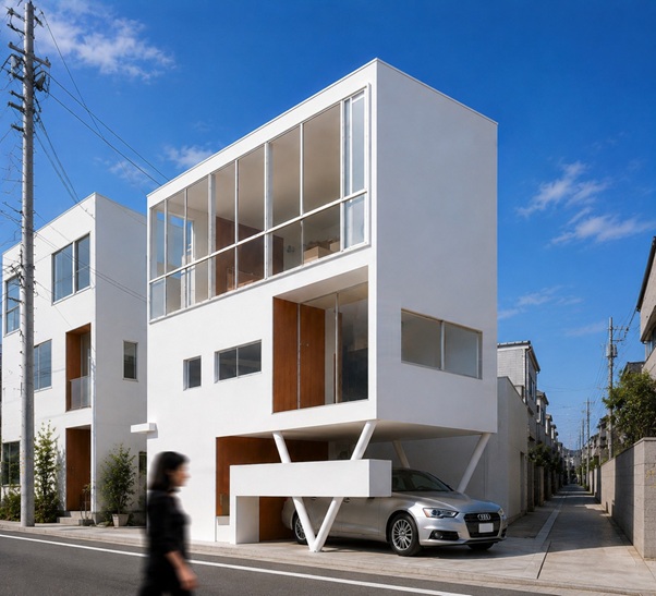 狭小住宅 間取りプラン例：９.９坪の敷地に建つ、視線が育む３階建て住宅。