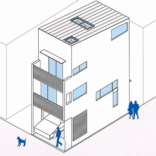 狭小住宅 間取りプラン例：９.９坪の敷地を隅々まで使う木造３階建て住宅。