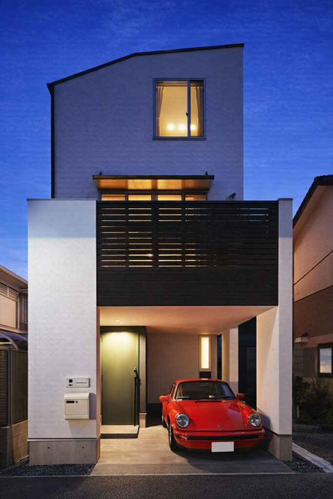 １４坪の施工例：川崎市中原区に建つ、ビルトインガレージのある二世帯狭小住宅。