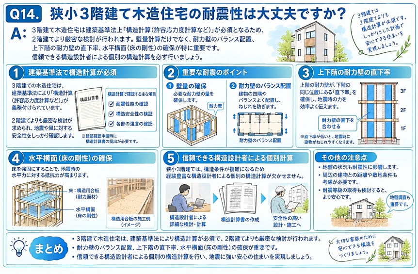 A：3階建て木造住宅は建築基準法上「構造計算(許容応力度計算など)」が必須となるため、2階建てより厳密な検討が行われます。壁量計算だけでなく、耐力壁のバランス配置、上下階の耐力壁の直下率、水平構面(床の剛性)の確保が特に重要です。信頼できる構造設計者による個別の構造計算を必ず行いましょう。